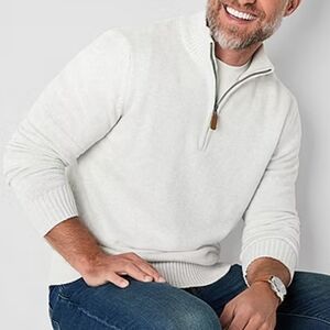 St John's Bay Quarter Zip Pullover Sweater Cream White Heather Sz XL